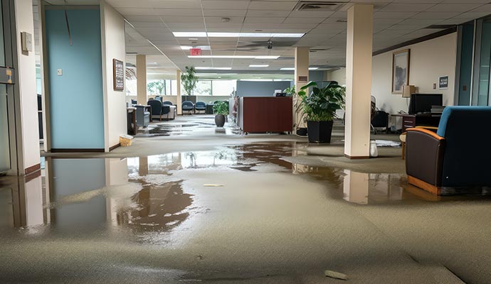 A large portion of an office floor is covered with water due to a water damage incident