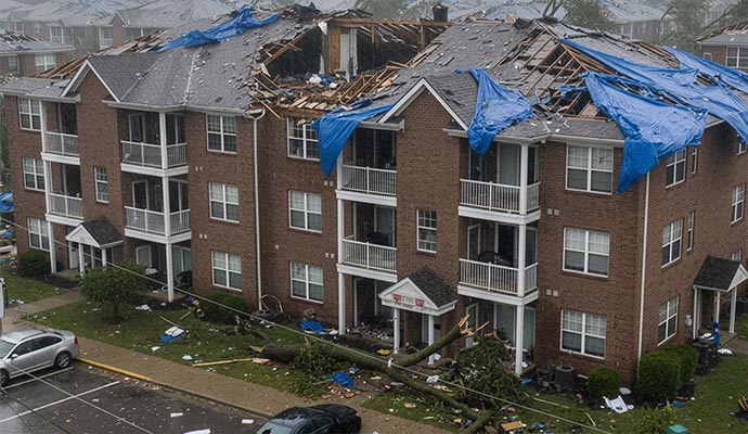 Apartment building with severe storm roof damage and blue tarps