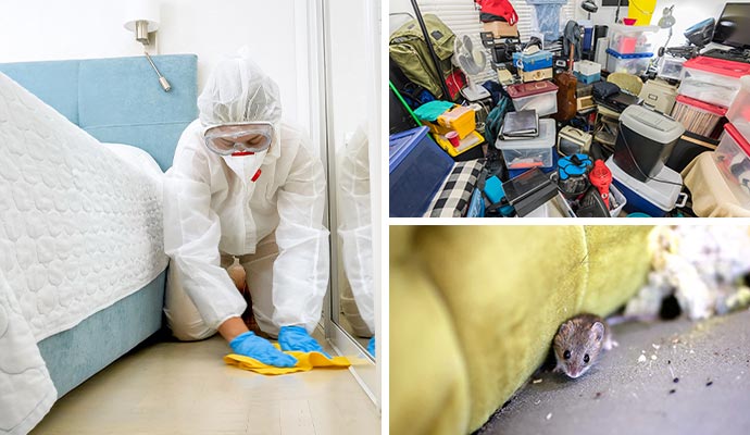 A collage showing a technician in a hazmat suit cleaning a bedroom, a room filled with hoarded boxes, and a mouse hiding near a wall