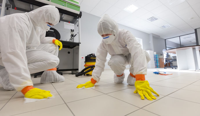 Expert team members cleaning floor