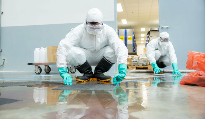Two experts cleaning infectious areas on the floor