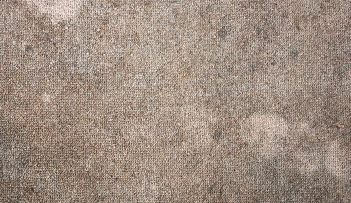 Carpet fibers damaged with visible acid stains and discoloration
