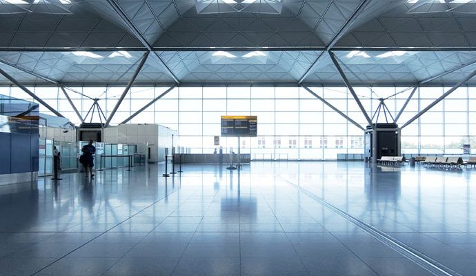 Clean airport terminal interior with polished floors and seating