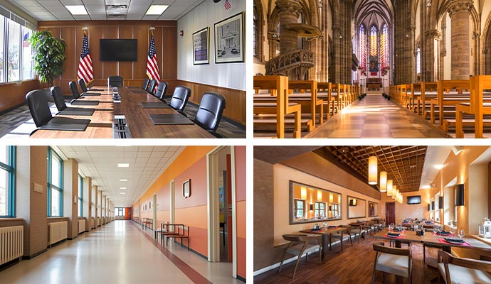 Collage showing a conference room, church interior, school hallway, and restaurant dining area