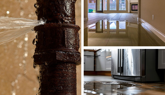 Collage of burst water pipe flooded tile floor and leaking refrigerator