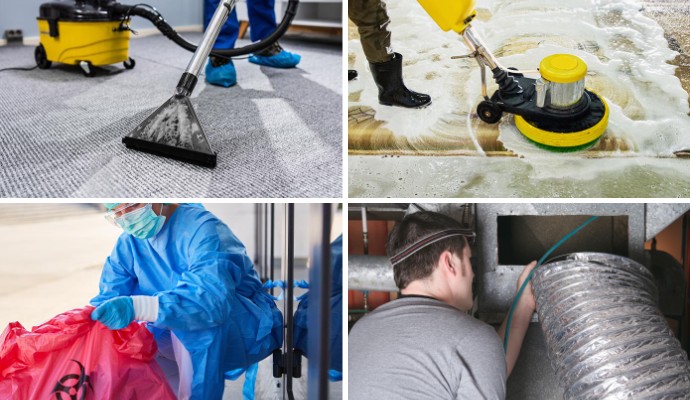 Collage of carpet, rug, biohazard and duct cleaning service