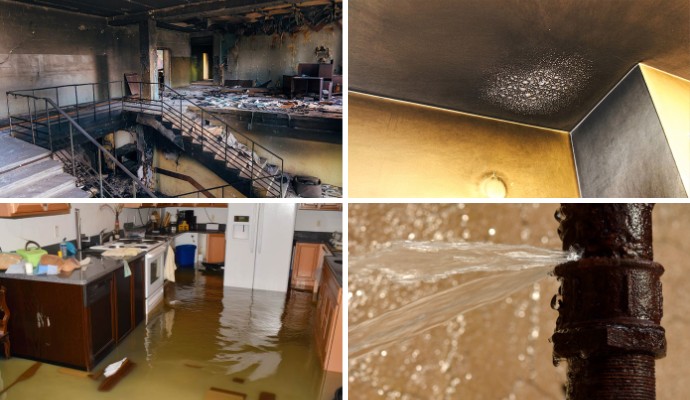 Collage of fire damaged commercial property, soot damaged ceiling, flooded room and water spraying out from a broken pipe