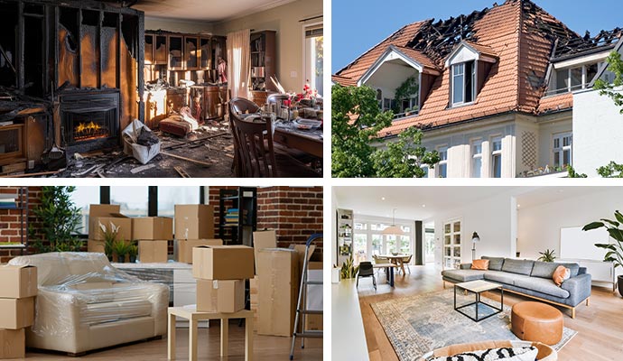 Collage of fire damaged room and roof of houses, packed out contents and clean living room