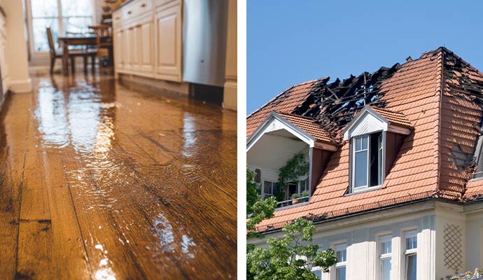 Collage of flooded wooden floor and fire damaged roof