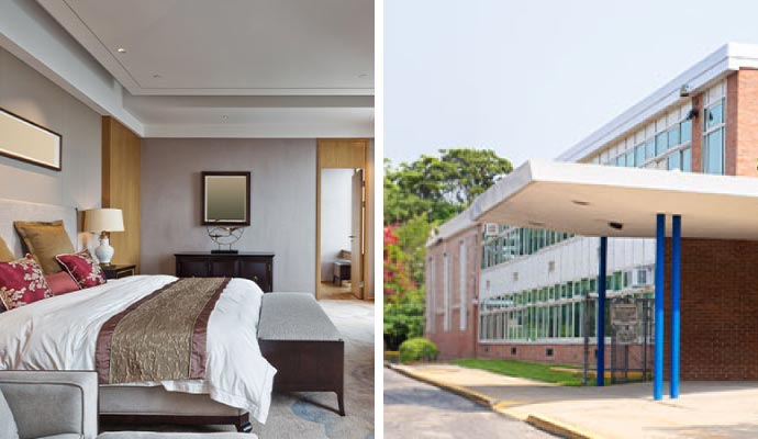 Collage of an hotel bedroom and school building