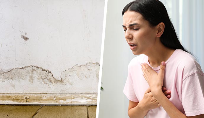 Collage of mold-damaged wall and woman experiencing health issues.