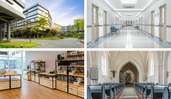 Collage of multiple restored properties including office buildings, medical facilities, retail stores, and churches
