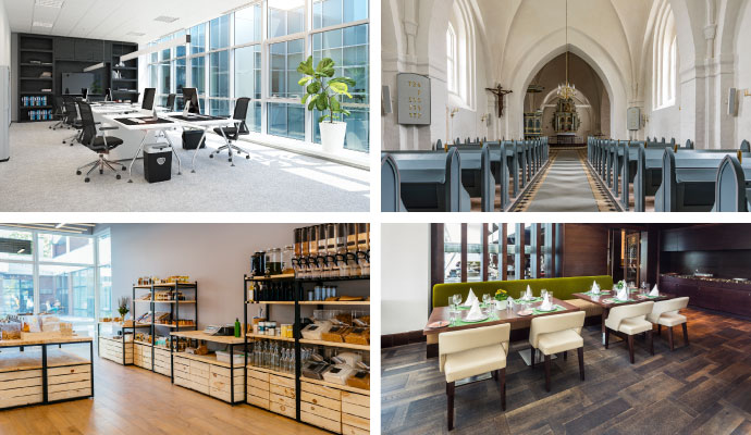 Collage of office, church, retail, and restaurant interiors