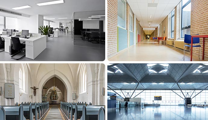 Collage of office, church, school and airport