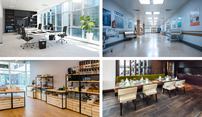 Collage of office, healthcare, retail, and restaurant interiors