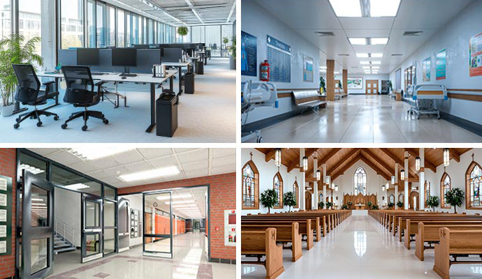 Collage of office hospital hallway school entrance and church sanctuary