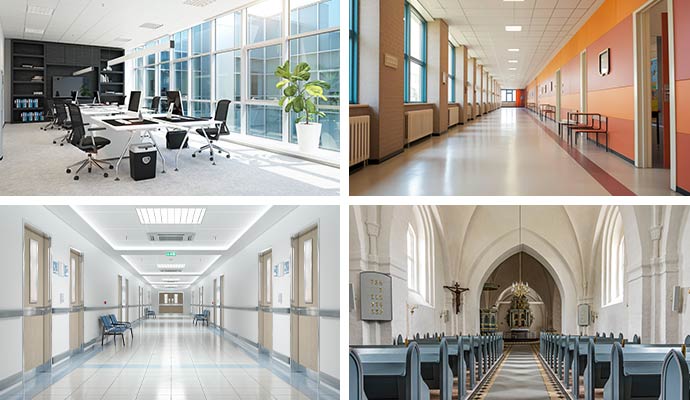 Collage of office, hospital, school and church