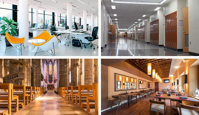 Collage of office interior, hallway of a hotel, interior of a church and a restaurant