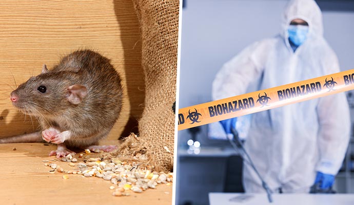 Collage of rodent infestation and a professional performing biohazard cleanup