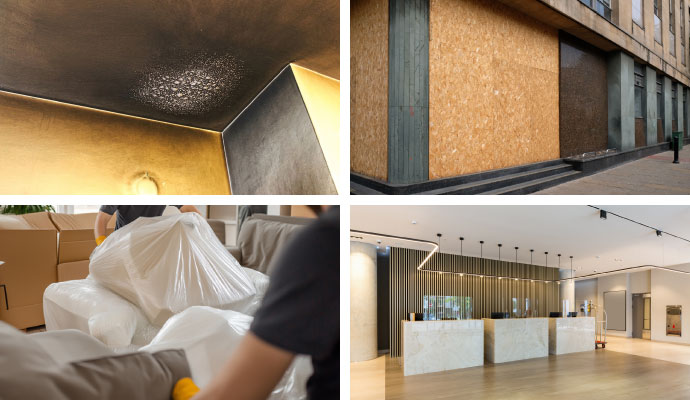 Collage of smoke damage, board-up, pack-out, and restored space