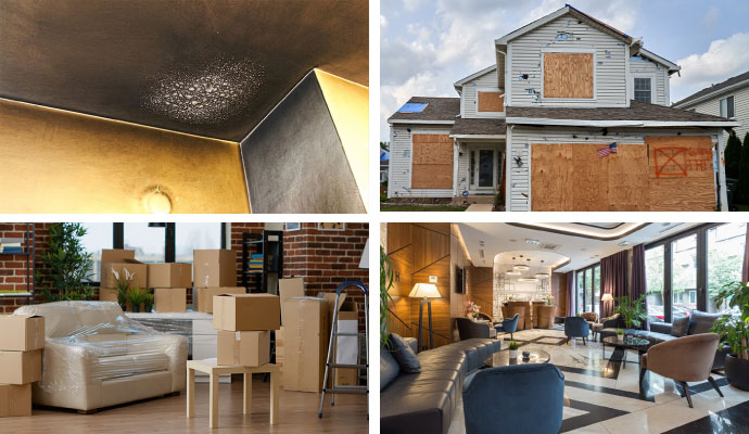 Collage of smoke damage, boarded up house, content pack out, and restored interior