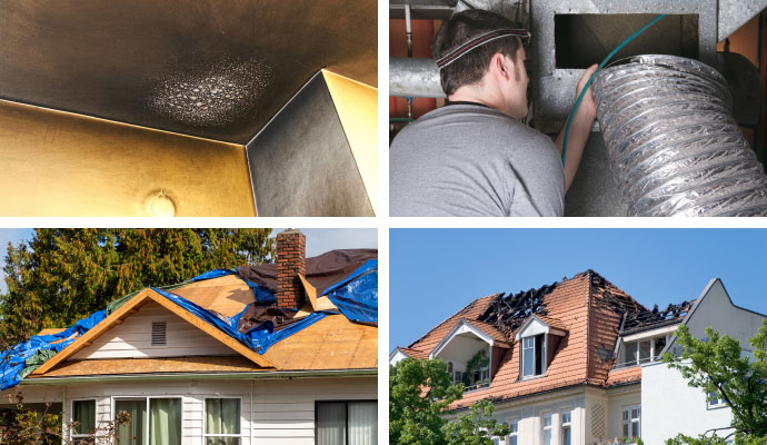 Collage of smoke, duct, tarping, and fire damage restoration
