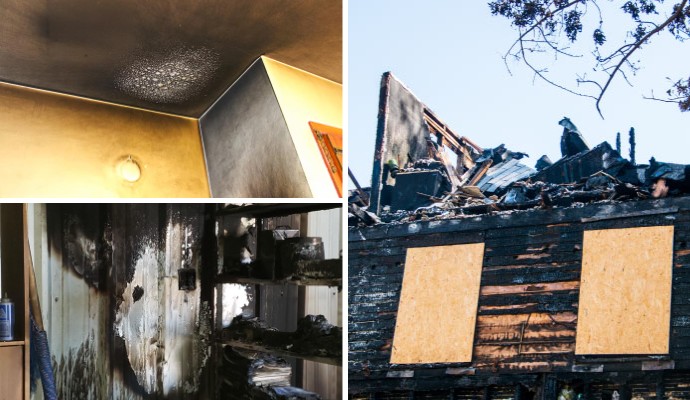 Collage of soot damage ceiling, boarded up fire damaged house and residential fire damage