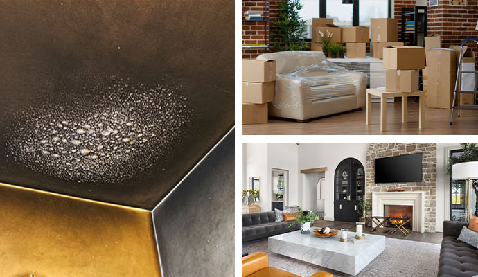 Collage of soot damaged ceiling packed moving boxes and restored living room