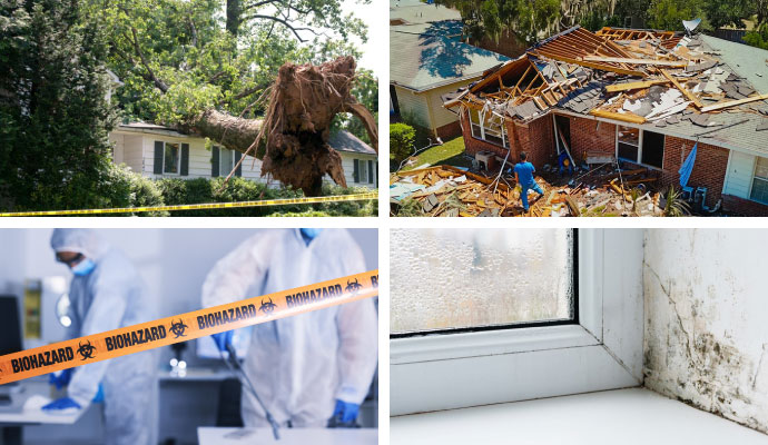 Collage of storm, disaster, biohazard, and moisture damage property