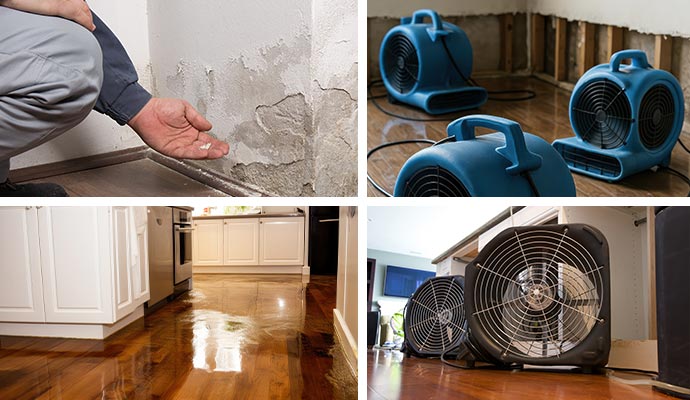 Collage of structural damage inspection, water damage restoration equipments, water damaged wooden floor and water drying equipments