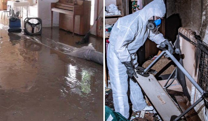 Collage of water and fire damage restoration