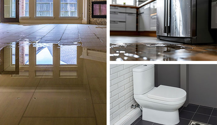 Collage of water damaged floor, leaking refrigerator, and toilet plumbing fixtures