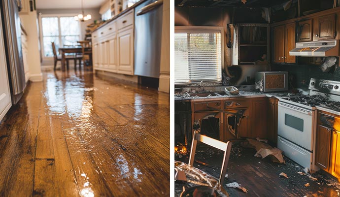 Collage of water damaged room and fire damaged kitchen