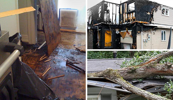 Collage of water-damaged wooden floor, fire-damaged house and a tree fallen on a house roof after a storm