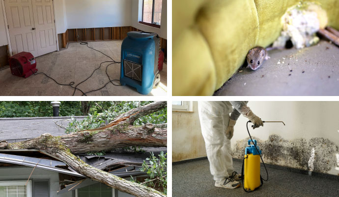 Collage of water, rodent, storm, and mold restoration work
