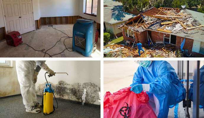 Collage of water, storm, mold, and biohazard restoration work