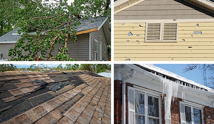 Collage of wind damaged roof, hail damaged wall, damaged roof and ice damaged roof of houses
