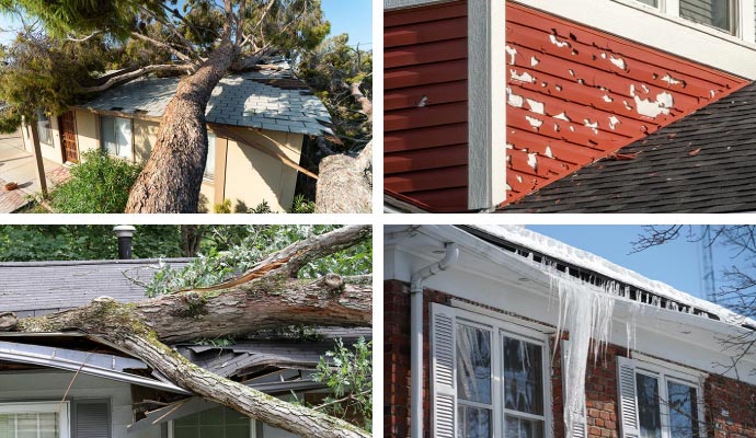 Collage of wind, hail, roof, roof and heavy snow damage property