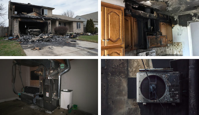 Collage of fire damage including garage, kitchen, heating unit, and AC units