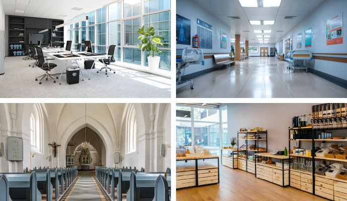 Collage of commercial properties including office, healthcare, church, and retail