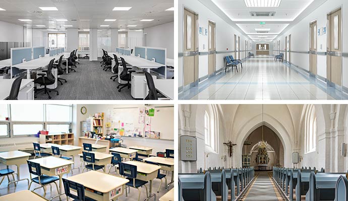 Collage of office room, school, hospital, and church