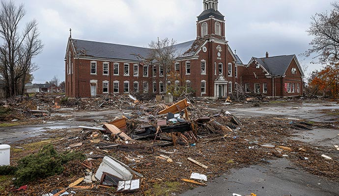 Disaster-damaged school campus building with debris outside