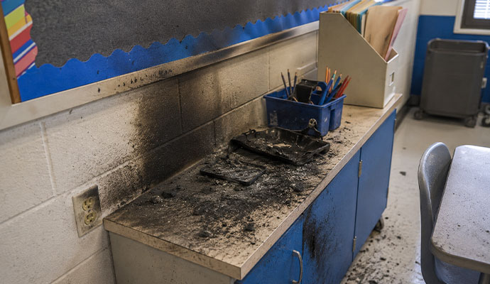 Fire damaged classroom with soot on the desks