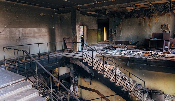 Burned interior of a commercial property damaged by fire