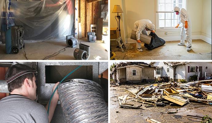 Collage of water removal equipment duct cleaning biohazard cleanup and storm damage