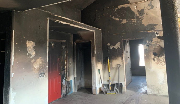 Smoke and soot damaged room
