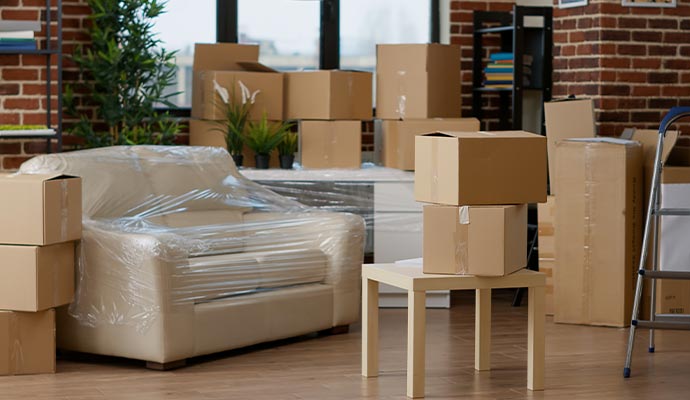 Sofa and boxes packed out