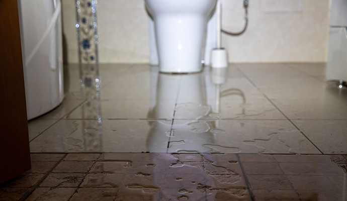 Flooded bathroom floor with water pooling around the toilet