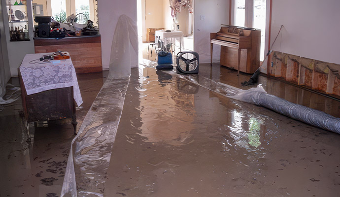 Flooded home interior with standing water and damaged flooring