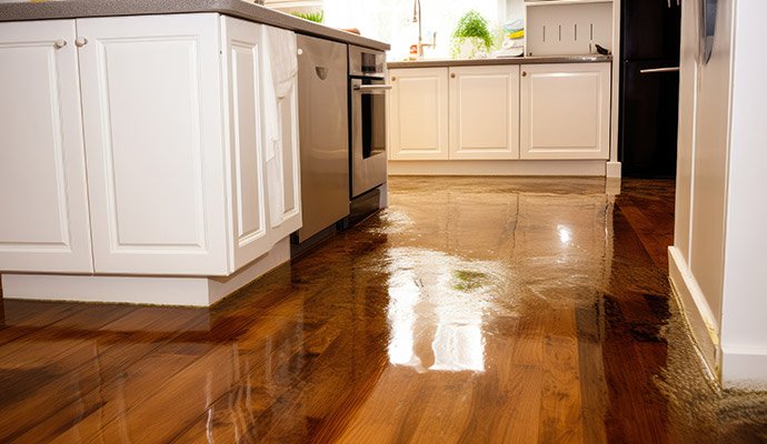 Flooded kitchen floor from a plumbing leak